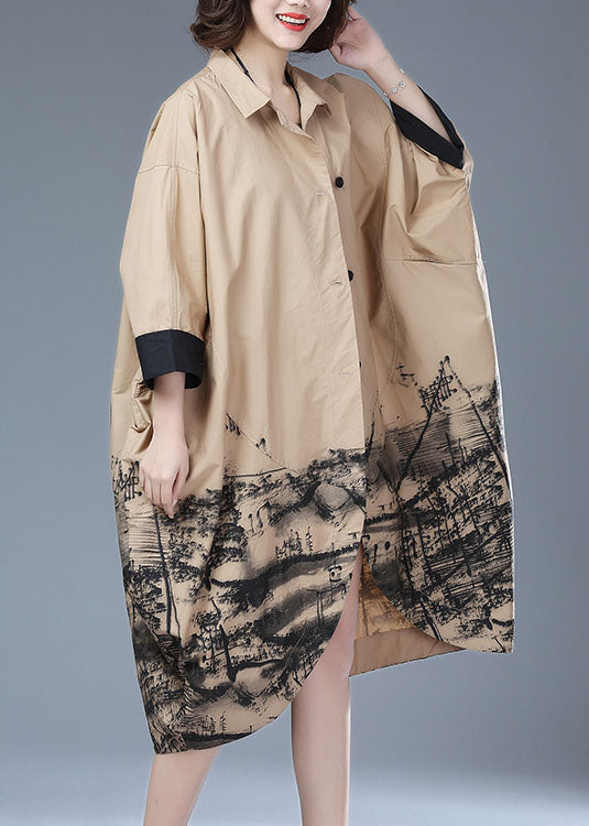 Khaki Patchwork Cotton Long Trench Coat Peter Pan Collar Print Button Bracelet Sleeve