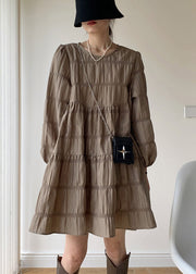 Khaki Patchwork Cotton Mid Dresses Wrinkled O Neck Fall