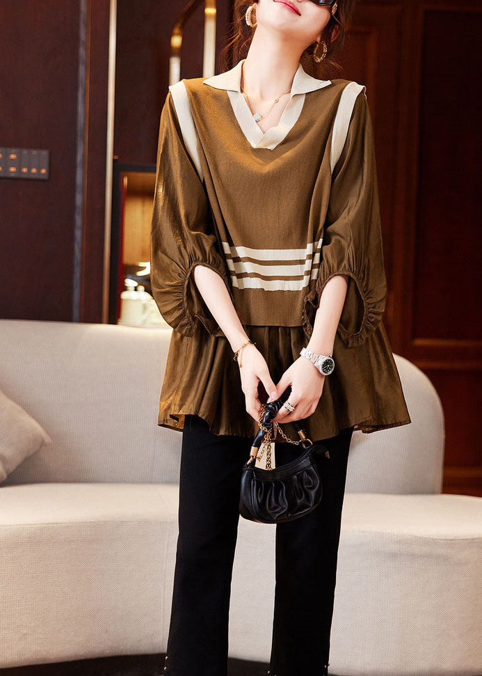 Khaki Patchwork Cotton Shirt Tops Peter Pan Collar False Two Pieces Summer