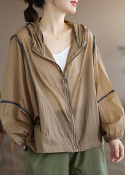 Khaki Patchwork Cotton UPF 50+ Coat Hooded Oversized Long Sleeve