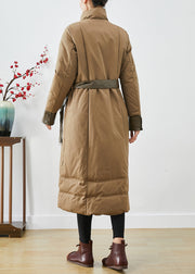 Khaki Patchwork Fine Cotton Filled Womens Parka Warm Tie Waist Winter