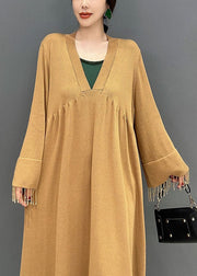 Khaki Patchwork Knit Ankle Dress Oversized Tassel Spring