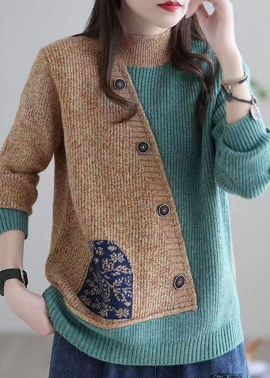 Khaki Patchwork Knit Sweater Tops Asymmetrical Design Applique Winter