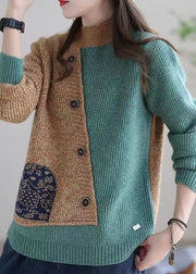 Khaki Patchwork Knit Sweater Tops Asymmetrical Design Applique Winter