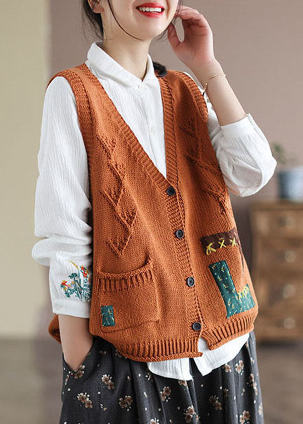 Khaki Patchwork Knit Womens Vest Applique Pockets Spring