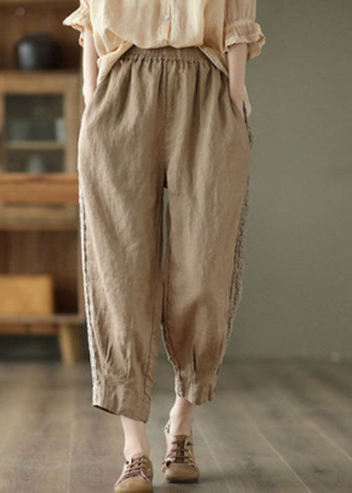 Khaki Patchwork Linen Crop Pants Elastic Waist Oversized Pockets Spring