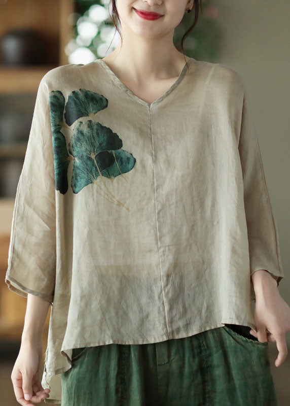 Khaki Patchwork Linen Loose Blouse Tops Print Batwing Sleeve