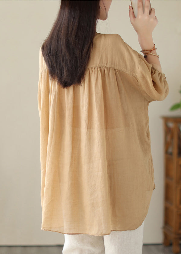 Khaki Patchwork Linen Shirt Oversized Low High Design Summer