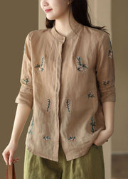 Khaki Patchwork Linen Tops Embroideried Stand Collar Button Summer