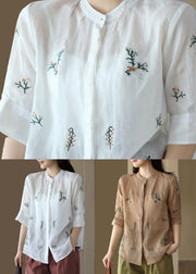 Khaki Patchwork Linen Tops Embroideried Stand Collar Button Summer