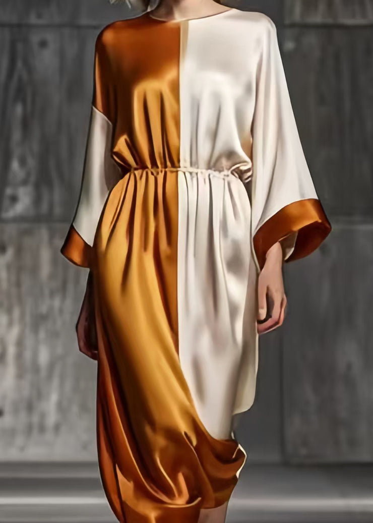 Khaki Patchwork Silk Long Dresses Asymmetrical Spring