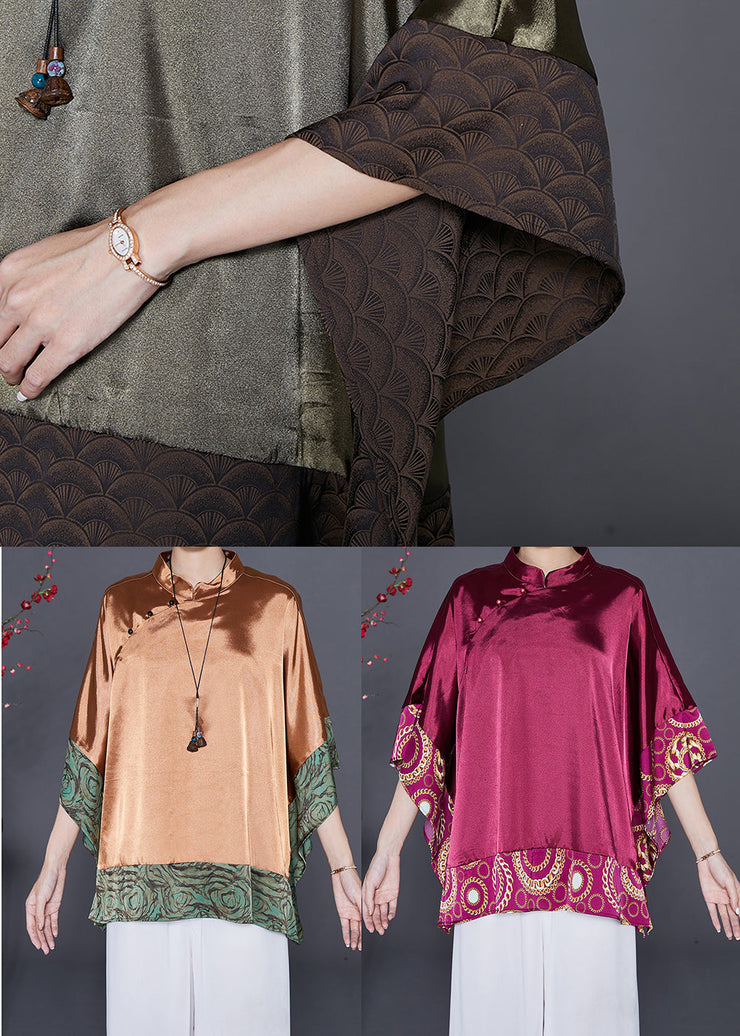 Khaki Patchwork Silk Shirt Top Mandarin Collar Batwing Sleeve