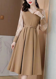 Khaki Patchwork Spandex A Line Dresses Cinched Spring