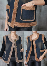 Khaki Patchwork Warm Fleece Denim Vests Oversized Pockets Spring