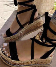 Khaki Peep Toe Faux Leather Splicing Lace Up Platform Sandals