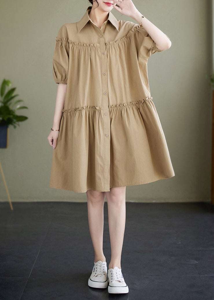 Khaki Peter Pan Collar Button Cotton Mid Dress Short Sleeve