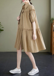 Khaki Peter Pan Collar Button Cotton Mid Dress Short Sleeve