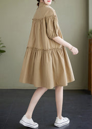 Khaki Peter Pan Collar Button Cotton Mid Dress Short Sleeve