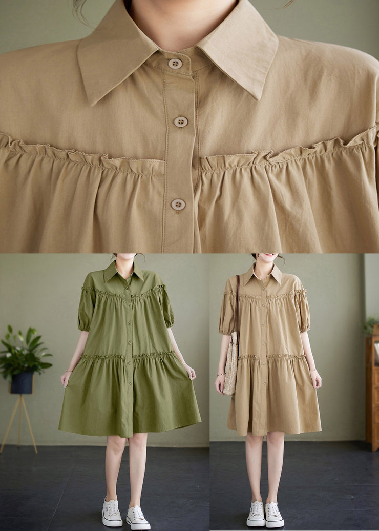 Khaki Peter Pan Collar Button Cotton Mid Dress Short Sleeve