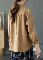 Khaki Peter Pan Collar Button Linen Shirt Long Sleeve