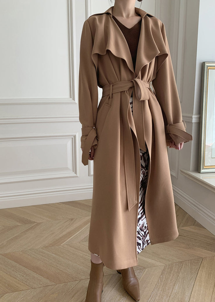 Khaki Peter Pan Collar Tie Waist Trench Coats Long Sleeve