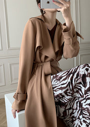 Khaki Peter Pan Collar Tie Waist Trench Coats Long Sleeve