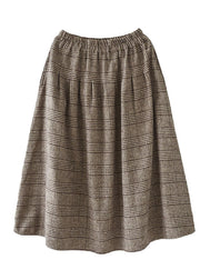 Khaki Plaid Cotton A Line Skirt Elastic Waist Thick Spring