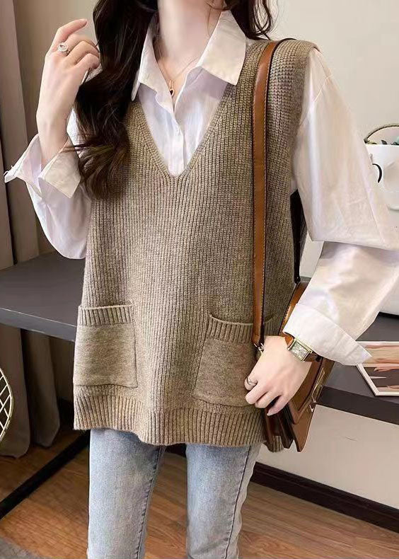 Khaki Pockets Cozy Knit Top Sleeveless