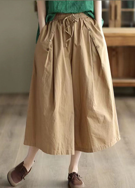 Khaki Pockets Patchwork Cotton Crop Pants Elastic Waist Summer