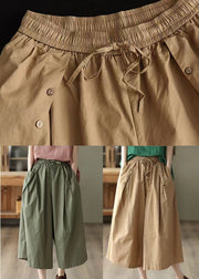 Khaki Pockets Patchwork Cotton Crop Pants Elastic Waist Summer