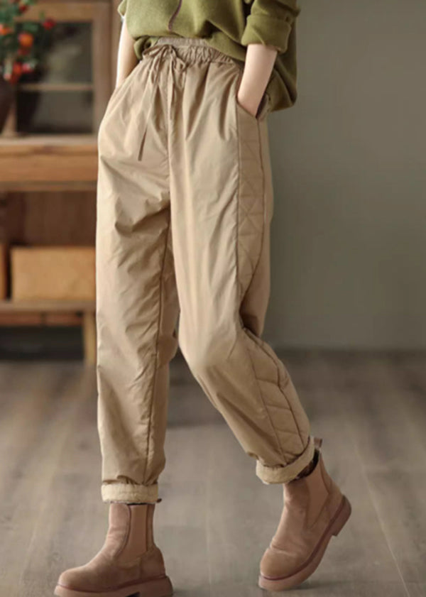 Khaki Pockets Patchwork Fine Cotton Filled Pants Elastic Waist Winter