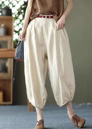 Khaki Pockets Patchwork Linen Crop Pants Elastic Waist Summer