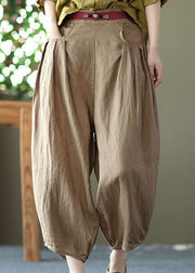 Khaki Pockets Patchwork Linen Crop Pants Elastic Waist Summer