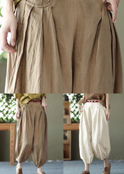 Khaki Pockets Patchwork Linen Crop Pants Elastic Waist Summer