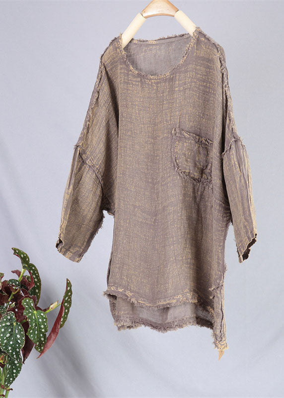 Khaki Pockets Patchwork Linen Shirts O Neck Summer