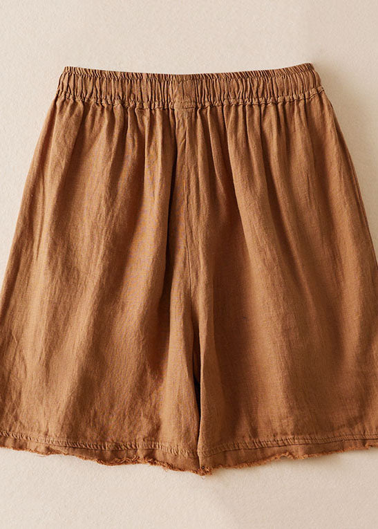 Khaki Pockets Patchwork Linen Shorts Embroideried Cinched Summer