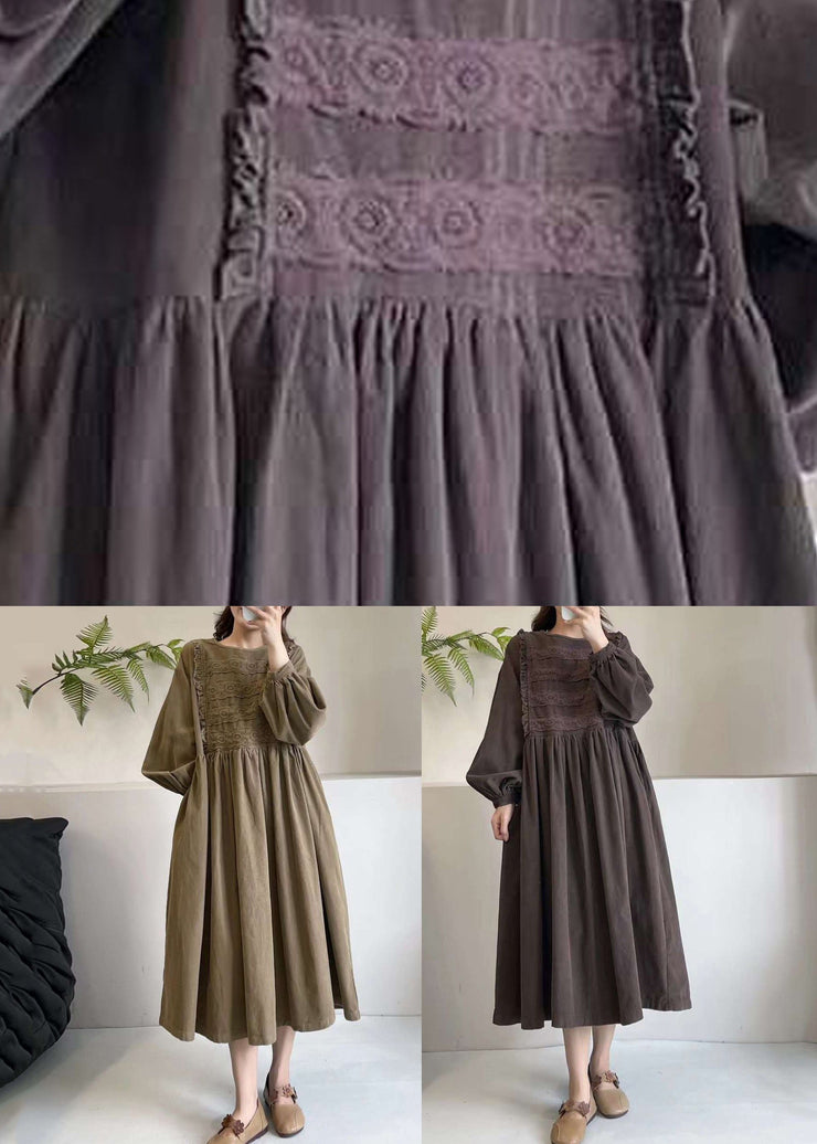 Khaki Pockets Wrinkled Corduroy Long Dress O Neck Long Sleeve