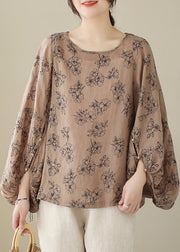 Khaki Print Cotton Blouses Oversized Lantern Sleeve