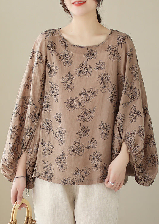 Khaki Print Cotton Blouses Oversized Lantern Sleeve