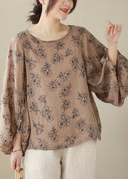 Khaki Print Cotton Blouses Oversized Lantern Sleeve