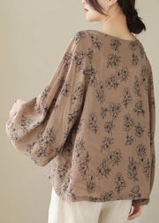 Khaki Print Cotton Blouses Oversized Lantern Sleeve