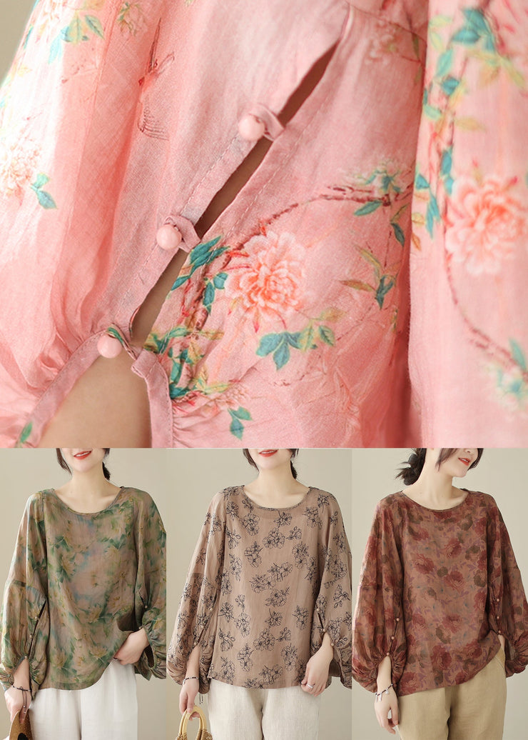 Khaki Print Cotton Blouses Oversized Lantern Sleeve