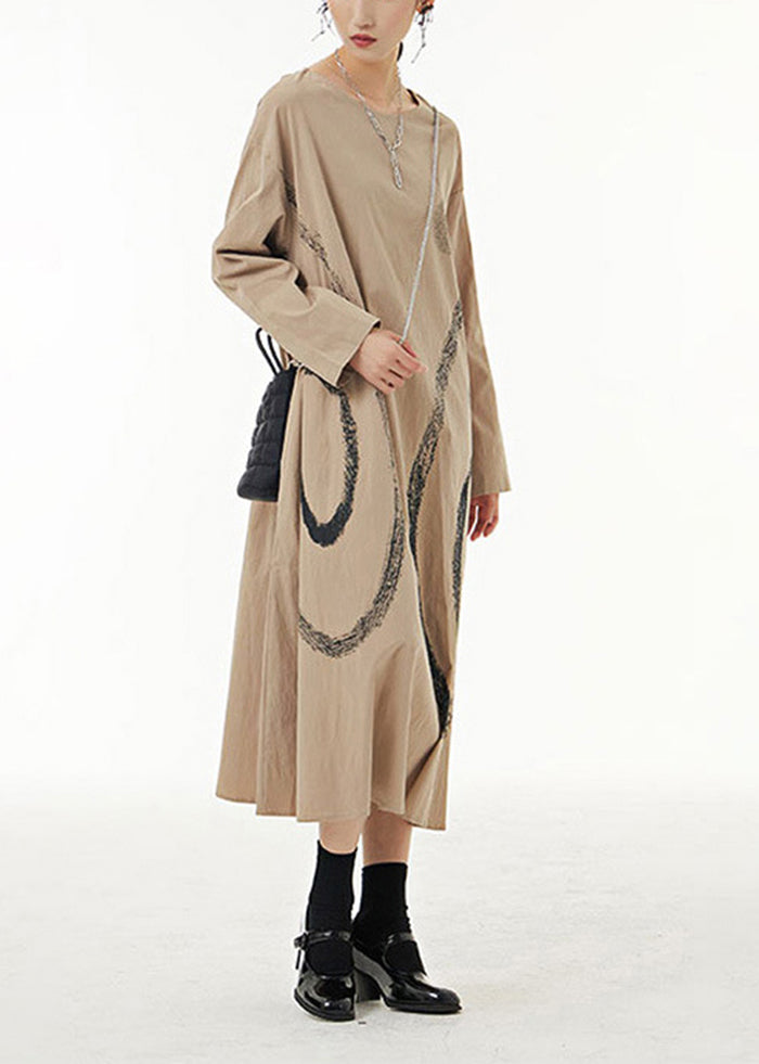 Khaki Print Cotton Long Dress O-Neck Oversized Spring