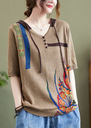 Khaki Print Knit Blouses V Neck Drawstring Half Sleeve