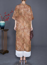 Khaki Print Linen Dress Chinese Button Side Open Summer