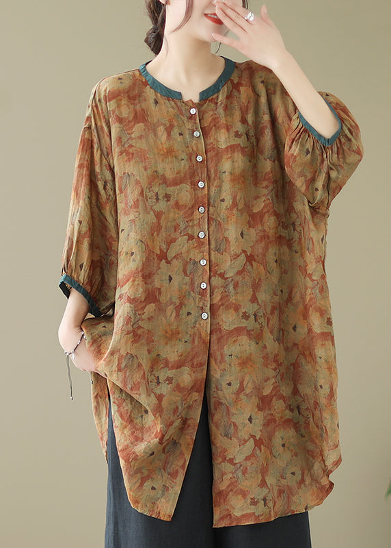 Print2 Linen Shirt Dresses O-Neck Oversized Lantern Sleeve