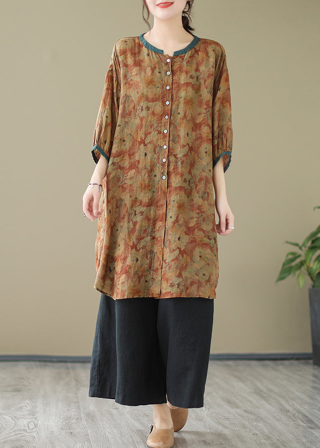 Print6 Linen Shirt Dresses O-Neck Oversized Lantern Sleeve