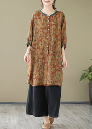 Print3 Linen Shirt Dresses O-Neck Oversized Lantern Sleeve