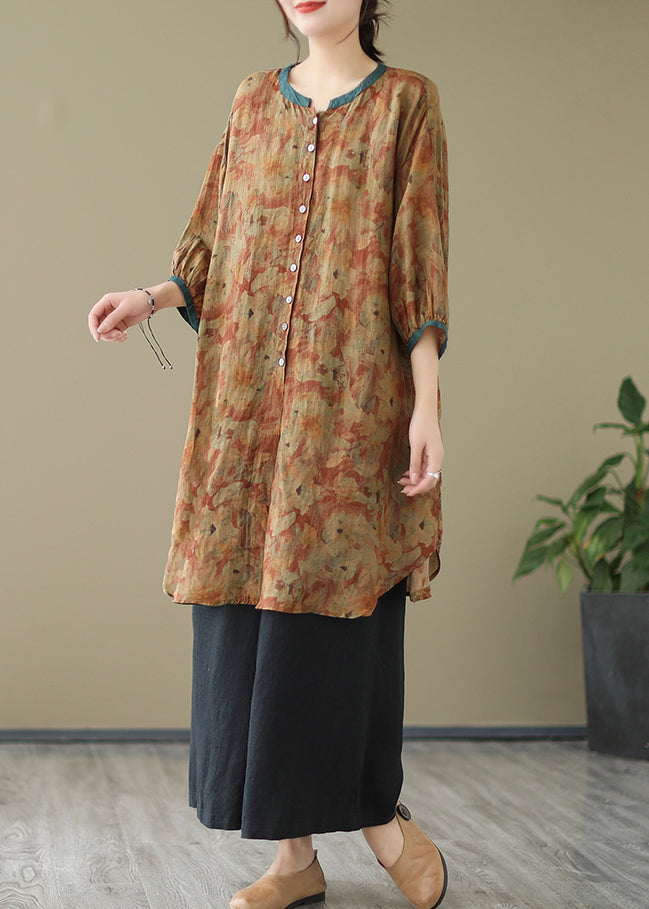 Print4 Linen Shirt Dresses O-Neck Oversized Lantern Sleeve