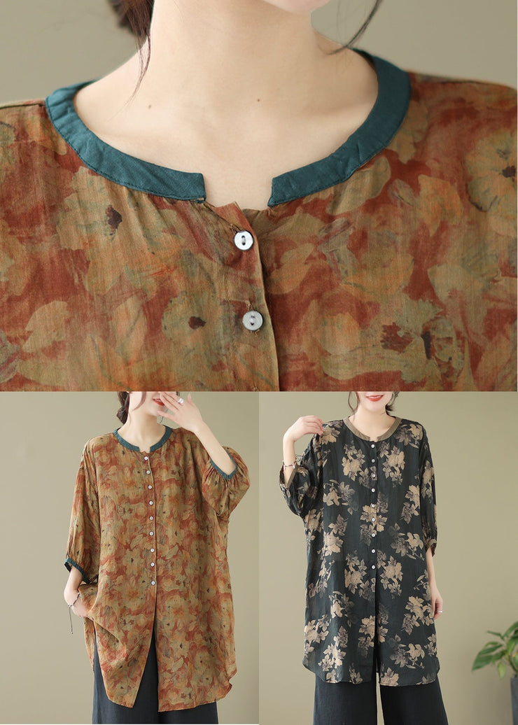 Print6 Linen Shirt Dresses O-Neck Oversized Lantern Sleeve